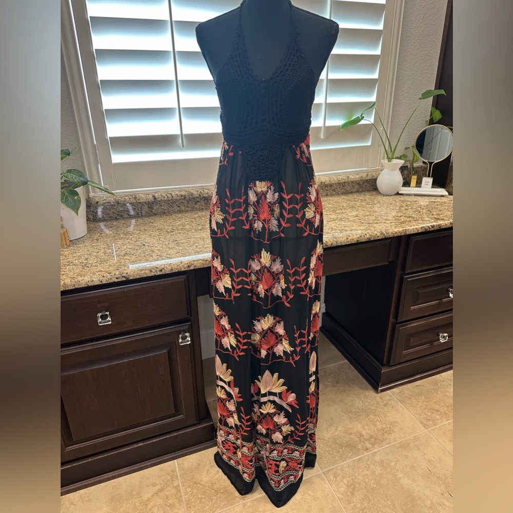 NWT | Sky Maxi Dress | Crochet Halter Backless Top & Sheer Floral Skirt | Small